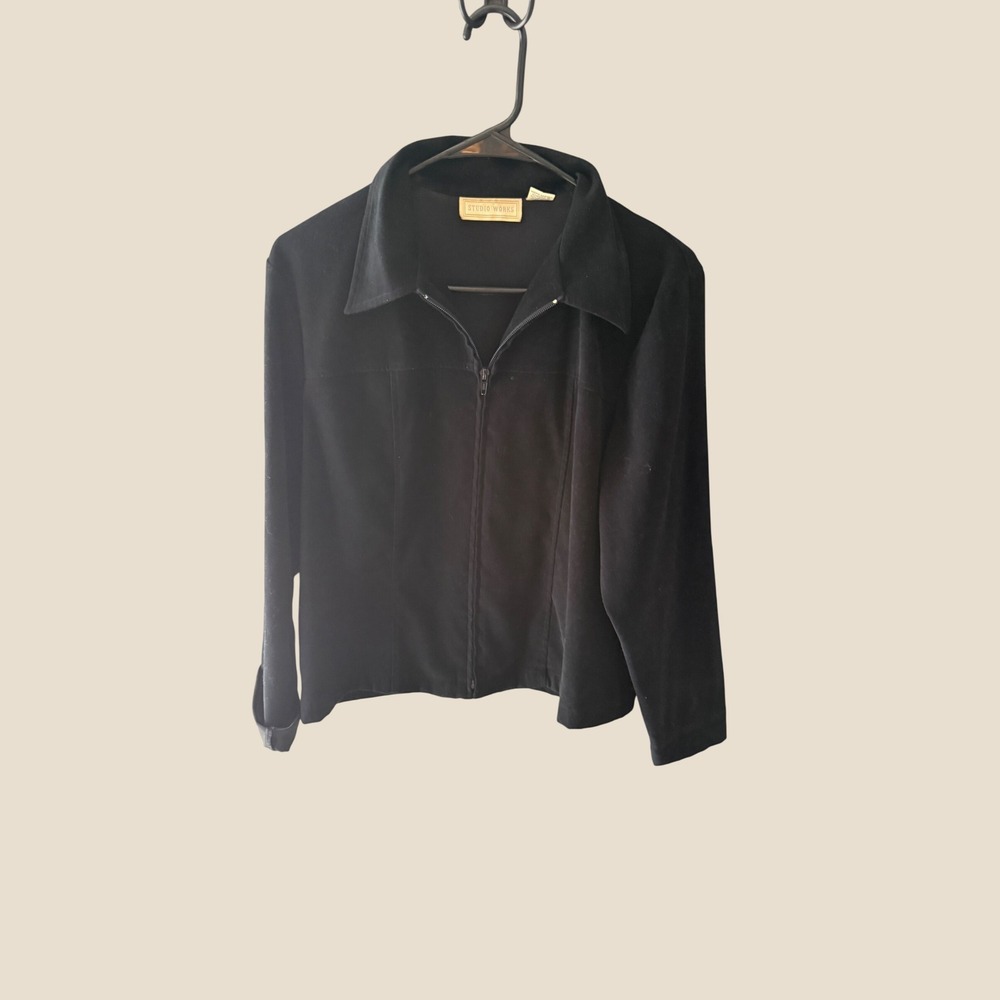 Studio Works Vintage 90s Grunge Black Full Zip Jacket Faux Suede Feel 8 Long Sl